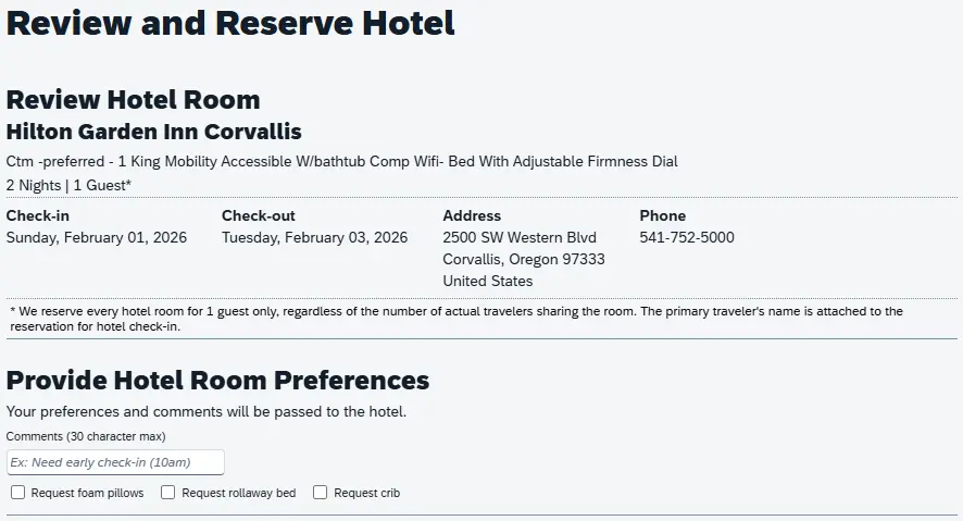 The Review and Reseve Hotel page shows the Review Hotel Room and Provide Hotel Preferences sections