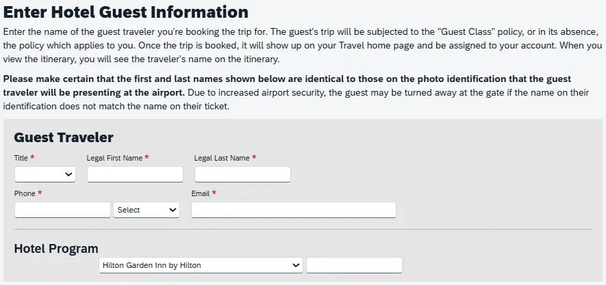 On the Review & Reserve Hotel page, the Enter Traveler Information section is shown with required fields marked by asterisk