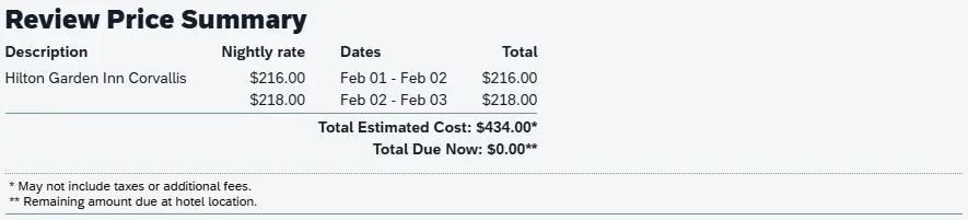 The Review & Reserve Hotel page shows the Review Price Summary section with overview of nightly & total price
