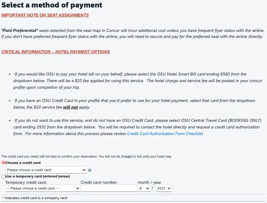 "Select a method of payment" section outlines important information for hotel payment, provides a dropdown menu to select payment