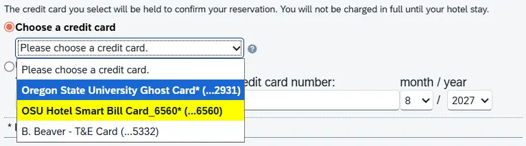"Choose a credit card" dropdown menu expanded, shows options of OSU Ghost Card, OSU Smart Bill Card, and travel arranger's associated OSU credit card