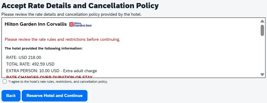 "Accept Rate Details & Cancellation Policy" section has the hotel's information including rates of stay, restrictions, & cancellation policy with dates
