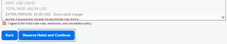 The agreement checkbox is selected and the "Reserve Hotel and Continue" button highlighted
