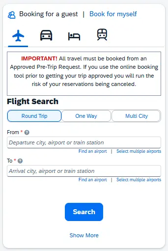 Travel Search widget has updated for Flight Search, has "Booking for a guest" at top right