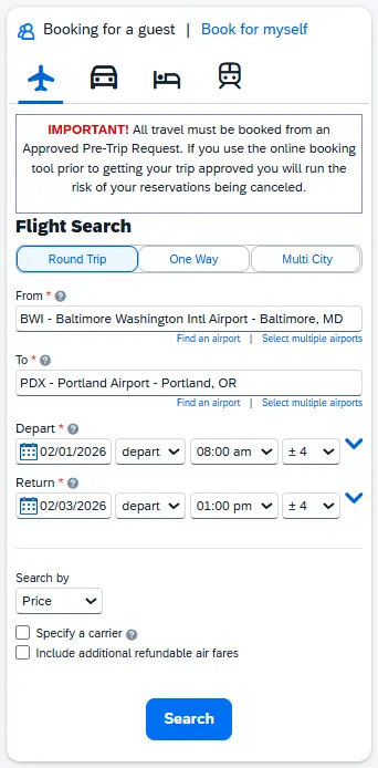 The Flight Search has a type of flight selected, departure/arrival airports, & dates/times of travel enterd; Search button is highlighted