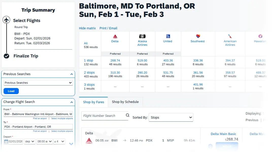 Flight Search with search options on right, matrix of results & more detailed information on left