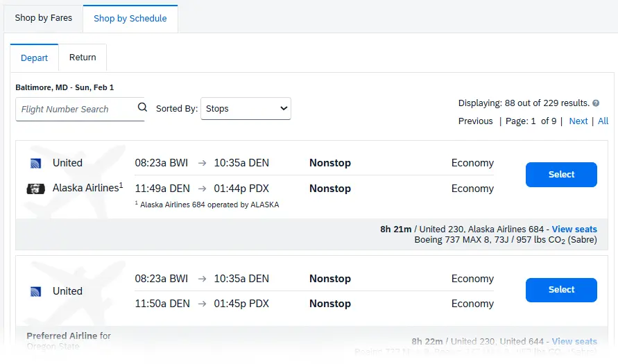 The "Shop by Schedule" tab is selected, results show preferred airlines schedules that meet criteria first