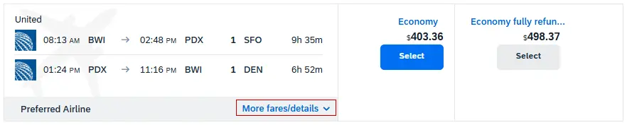 A roundtrip flight with two different fares shown, the More fares/details link is highlighted