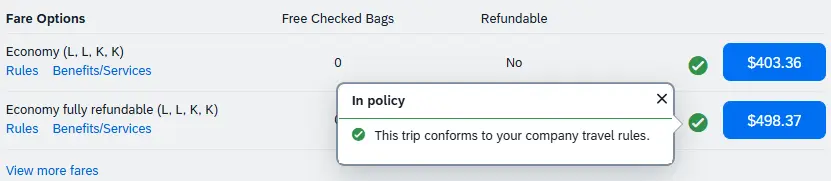 Fare Options shown, popup window next to green checkmark, message reads that fare is in policy & conforms to company travel rules