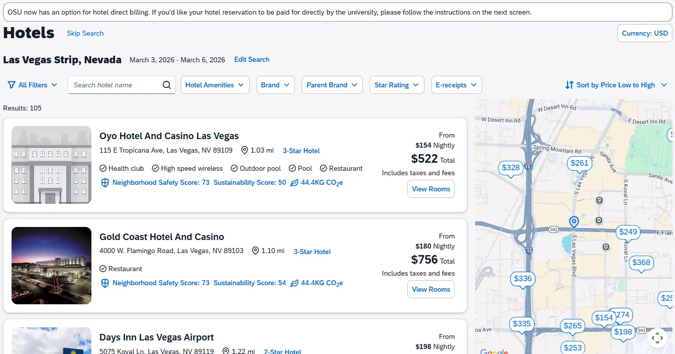 Hotel search results listed, with filter and sort options at top, and location map on right
