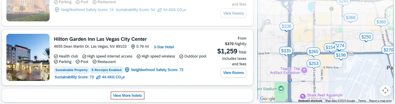 End of first page of search results with "View More hotels" button highlighted