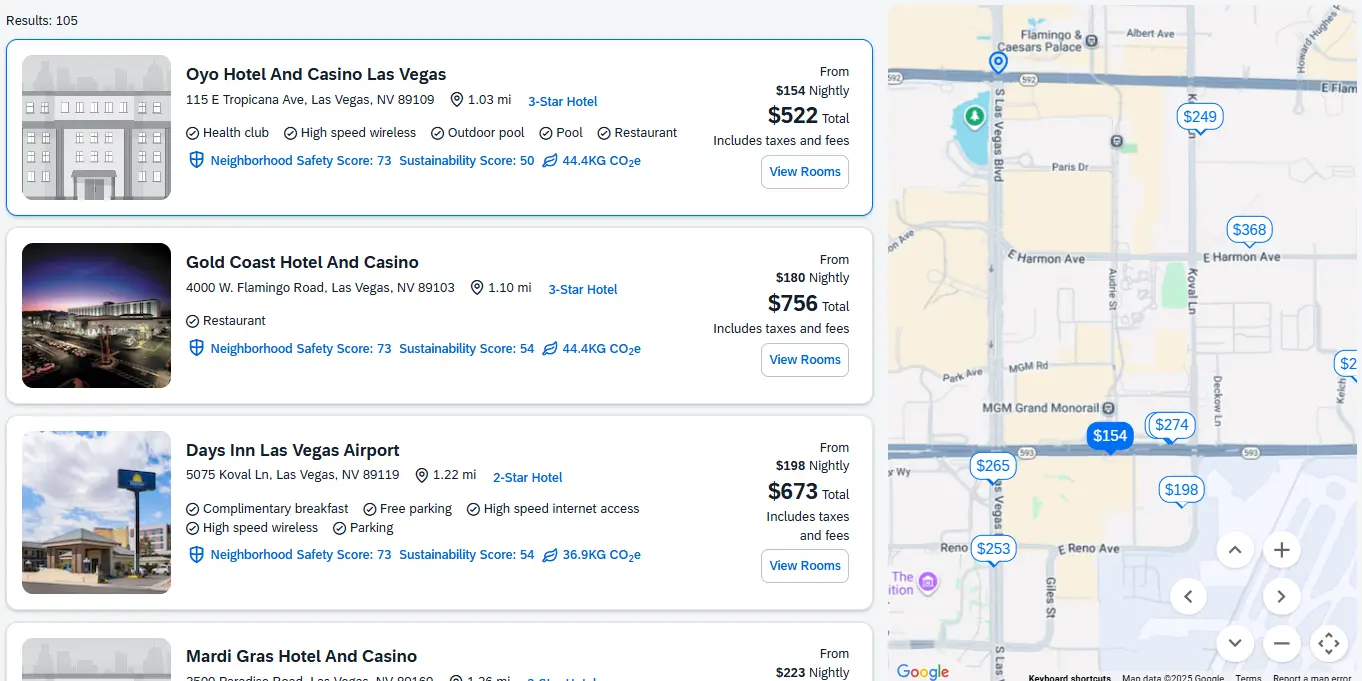 Map View has a bubble icon highlighted and the associated hotel listing highlighted in the results