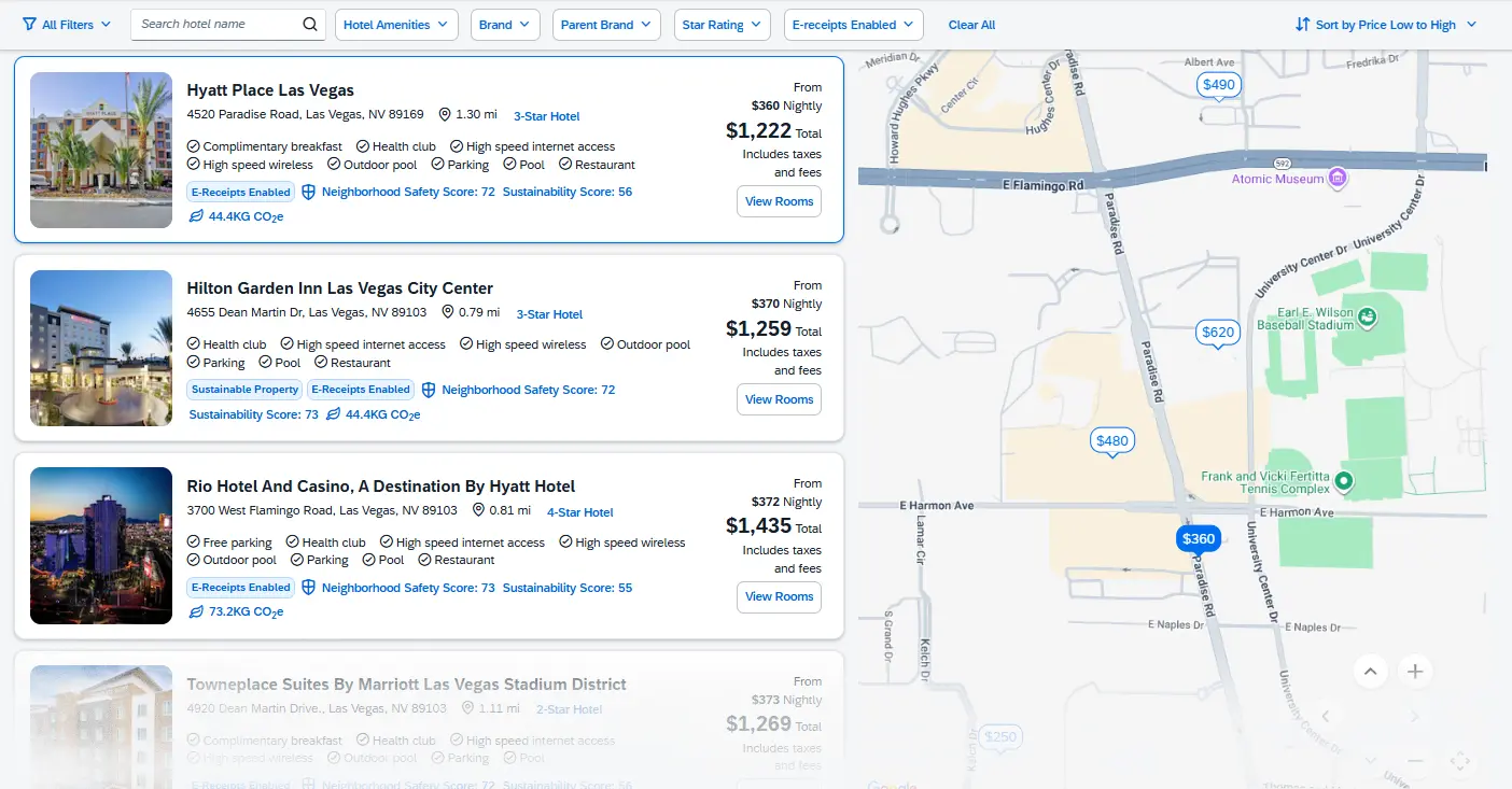 Hotel Results after filtering and sorting, with Map View to right