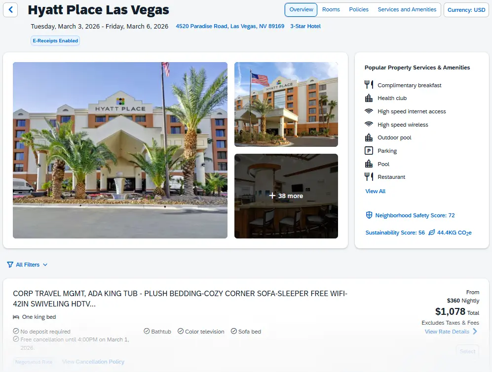 A selected hotel result that shows more details on hotel: pictures, basic information, & available room rates