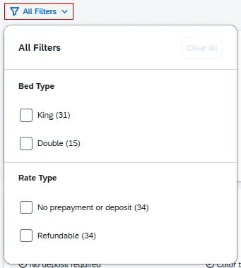 On Rooms results page the All Filters dropdown menu is expanded with selectable options shown