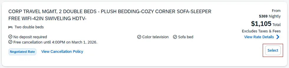A specific room results that shows room and rate details, available amenities, with Select button highlighted