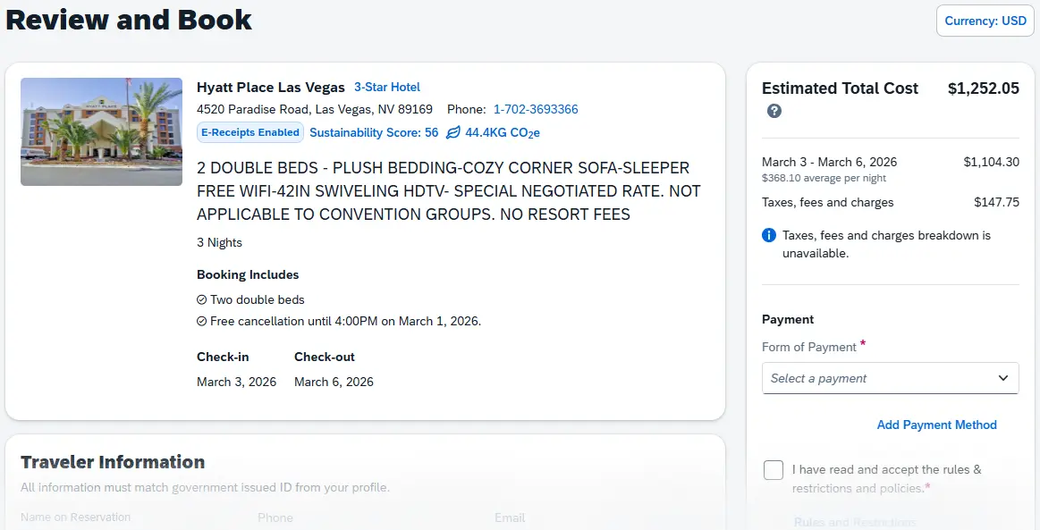 Review and Book screen with selected hotel room shown and partially shown Traveler Information & Estimated Total Costs sections