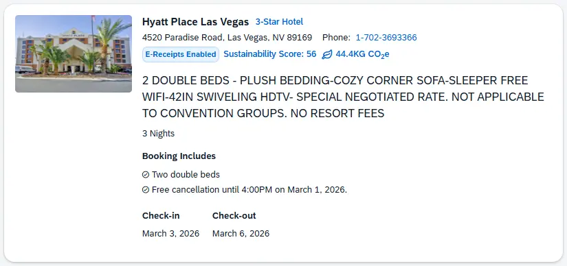 First section shows selected hotel & room; provides overview of hotel, amenities, & booking