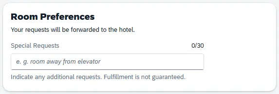 Room Preferences section with an entry field for special requests with note fulfillment not guaranteed