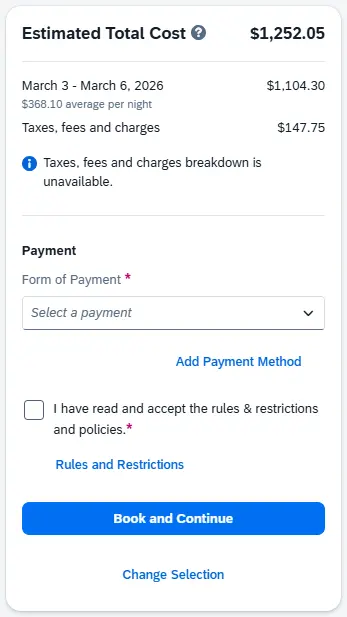 Estimated Total Cost section shows an overview of cost of room, taxes, and fees , Payment subsection, and Rules and Restrictions