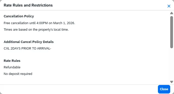 Rate Rules and Restrictions for the hotel stay open in a popup window