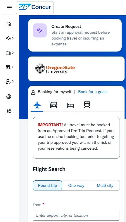 Trip Search widget is highlighted on main Concur homepage; users can book for self or guest, and can book flight, car, hotel, and/or train