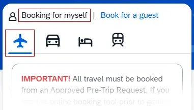 Trip Search widget shows "Booking for myself" and Flight icon highlighted