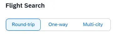 Flight Search has options to select Round-trip, One-way, or Multi-city