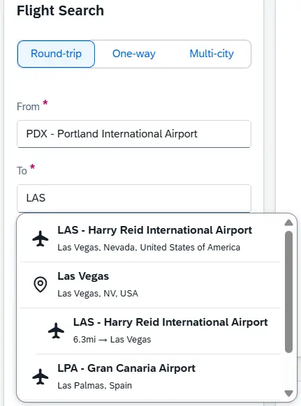 The From section is filled out with Portland airport info, the To section has a list of Airports & locations meeting the search term "LAS"