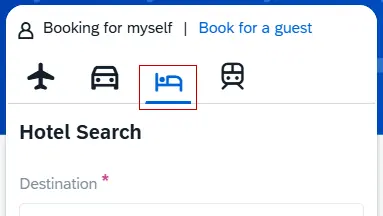 Trip Search widget shows "Booking for myself" and Bed icon highlighted