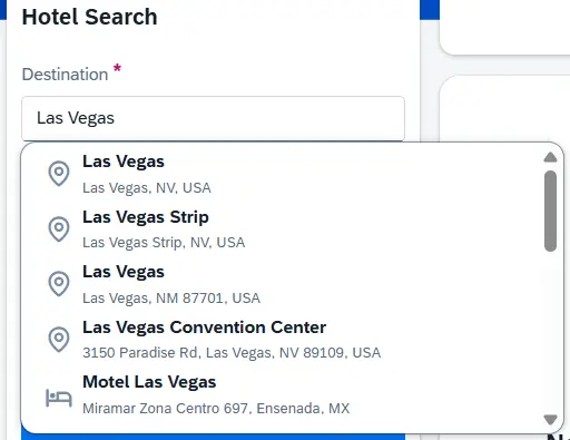 Destination dropdown search/menu with Las Vegas in the search field & possible matching options listed