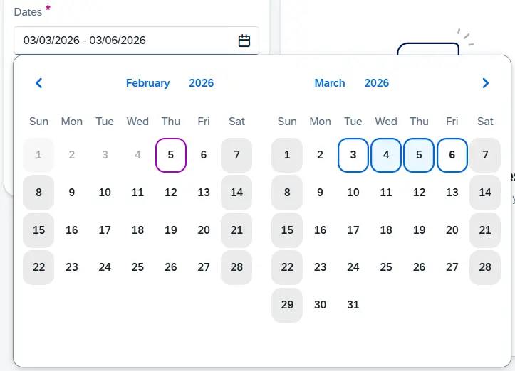 Dates search field with calendar picker expanded showing two months, check-in & -out dates selected