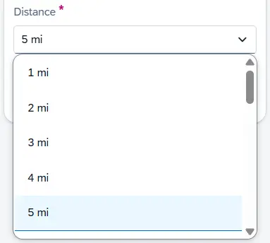 Distance dropdown menu expanded to show various selectable options in miles