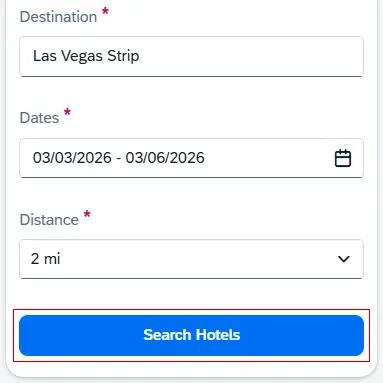 Hotel Search fields are filled out with Search button highlighted