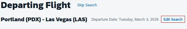 Flights results screen shows the highlighted Edit Search link above search filters