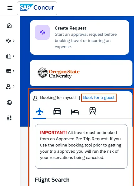 Main Concur screen highlighting the Travel Search section and the link to "Book for a guest"