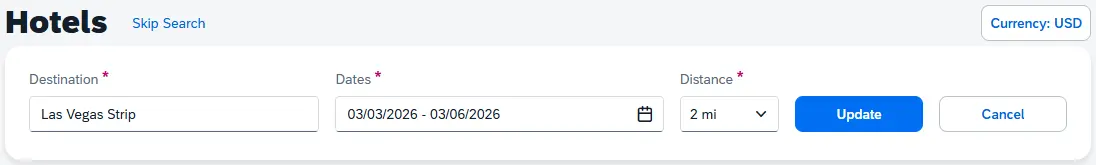 Edit Search expanded; Destination, Dates, and Distance fields can be updated 