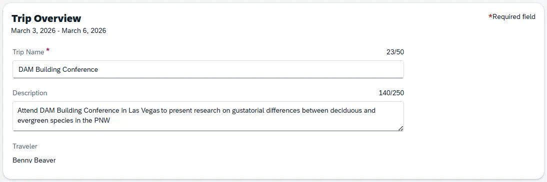 Trip Overview section has required Trip Name field and Description field filled out