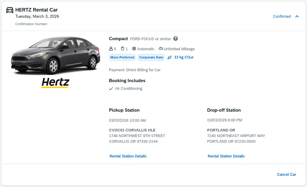 The Confirmed menu is expanded on a specific reservation, showing details, with a Cancel button at the bottom
