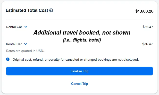 Section shows total cost of each portion of travel, user can expand to see estimated taxes and/or fees